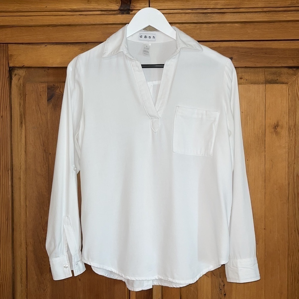 DASH WHITE FLANNEL POCKET BLOUSE BACK BUTTON DOWN DETAIL Sz. S